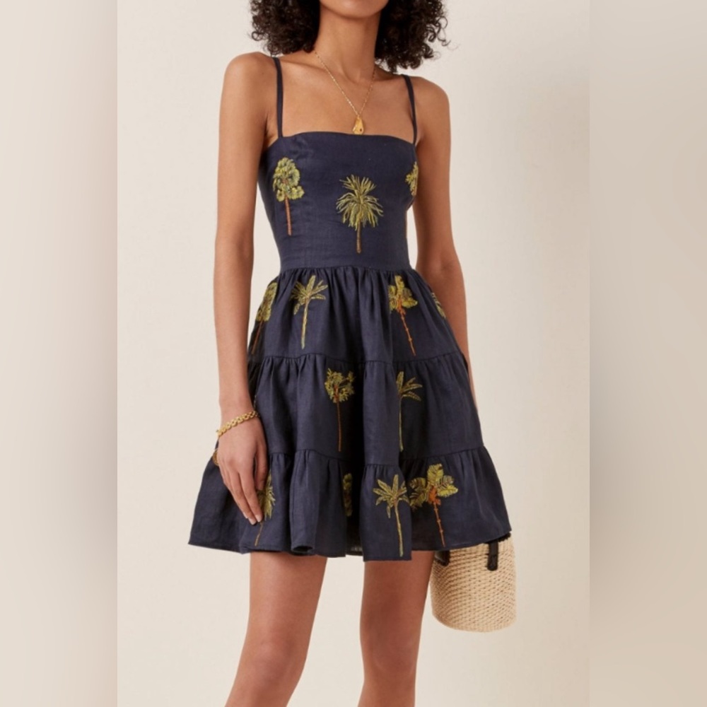 Agua Bendita Navy Blue Mini Dress with Green Palm Embroidery
